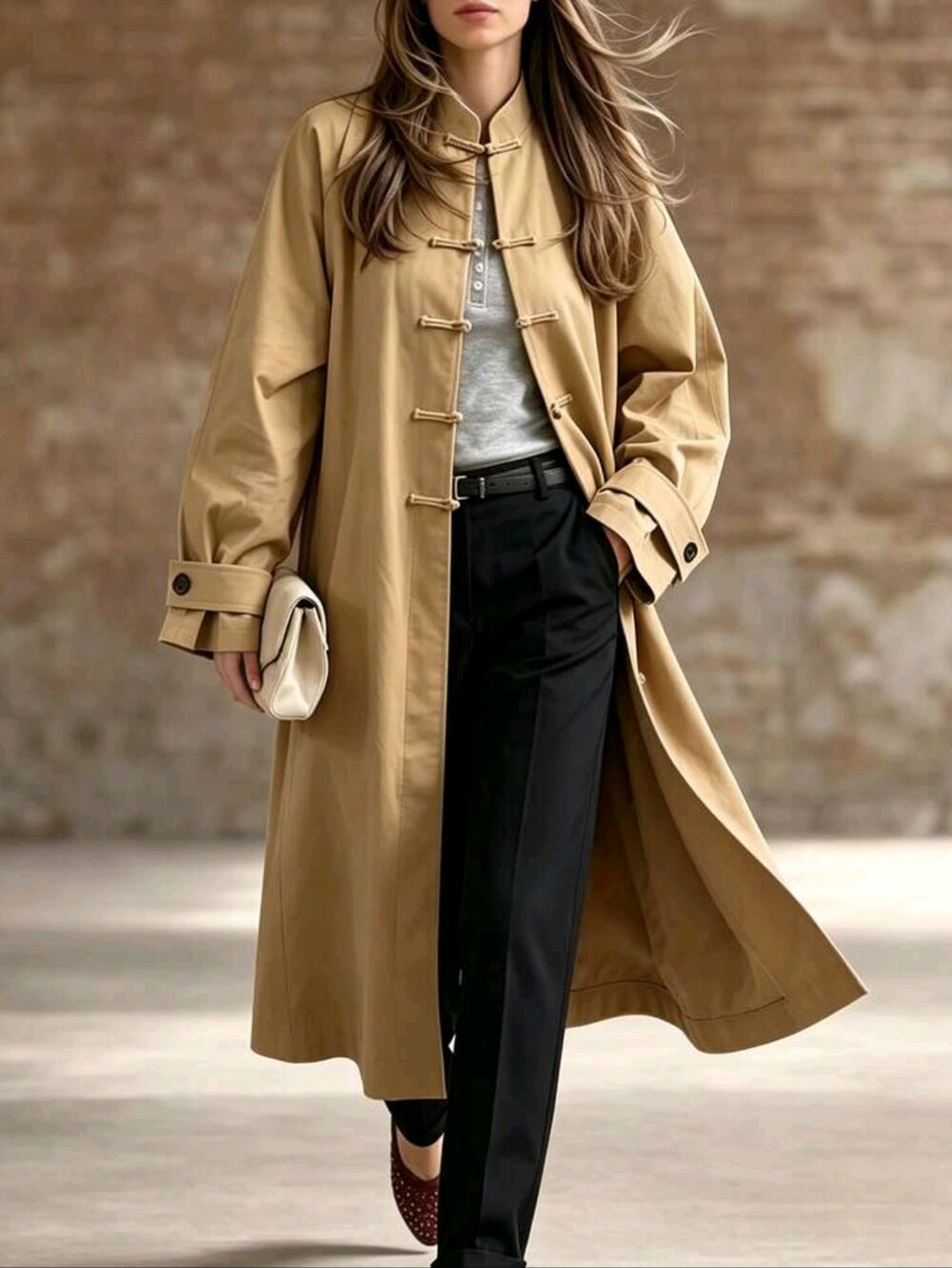 Stand Collar Casual Loose Fit Frog Button Khaki Long Trench
